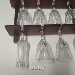 Vintage Wine Glass And Champaign Flutes With Wooden Rack Crystal France 24% Lead