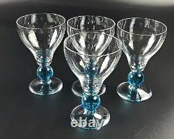 Vintage Wine Glass Clear Bowl & Base Aqua Blue Round Stem Set of 4