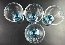 Vintage Wine Glass Clear Bowl & Base Aqua Blue Round Stem Set of 4