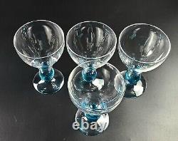 Vintage Wine Glass Clear Bowl & Base Aqua Blue Round Stem Set of 4