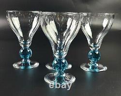 Vintage Wine Glass Clear Bowl & Base Aqua Blue Round Stem Set of 4