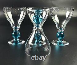 Vintage Wine Glass Clear Bowl & Base Aqua Blue Round Stem Set of 4