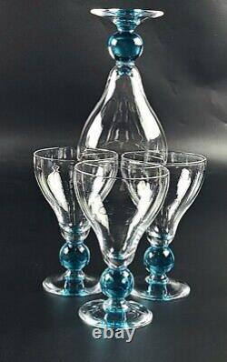 Vintage Wine Glass Clear Bowl & Base Aqua Blue Round Stem Set of 4