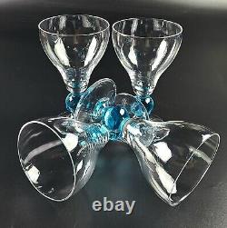 Vintage Wine Glass Clear Bowl & Base Aqua Blue Round Stem Set of 4