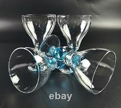 Vintage Wine Glass Clear Bowl & Base Aqua Blue Round Stem Set of 4