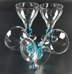 Vintage Wine Glass Clear Bowl & Base Aqua Blue Round Stem Set of 4