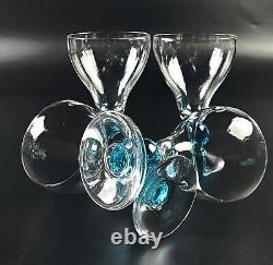 Vintage Wine Glass Clear Bowl & Base Aqua Blue Round Stem Set of 4