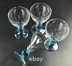 Vintage Wine Glass Clear Bowl & Base Aqua Blue Round Stem Set of 4