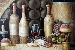 Vintage Wine Tasting Cellar Bottles Glass Oil On Canvas Painting 24X36 Stretched