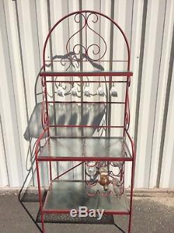 Vintage Wrought Iron Baker's Rack 3 Glass Shelves with Wine Rack Mid Century
