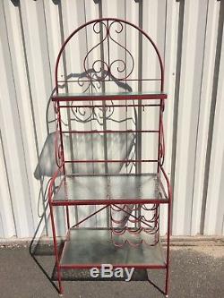 Vintage Wrought Iron Baker's Rack 3 Glass Shelves with Wine Rack Mid Century