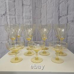 Vintage Yellow Topaz Etched Stemware Wine Glass Set of 11