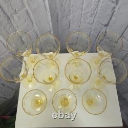 Vintage Yellow Topaz Etched Stemware Wine Glass Set of 11