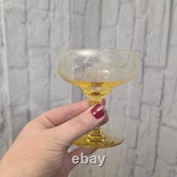 Vintage Yellow Topaz Etched Stemware Wine Glass Set of 11