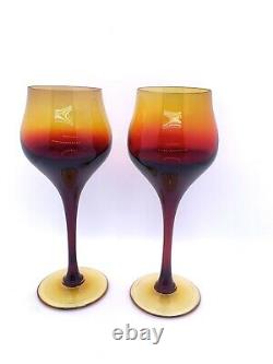 Vintage Zbigniew Horbowy Poland Art Glass Wine Glasses 7 Amber Yellow Set of 2