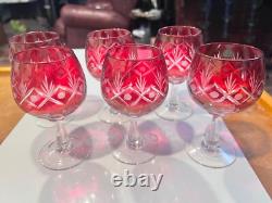 Vintage bohemian cut clear ruby red wine hock glasses 6pcs