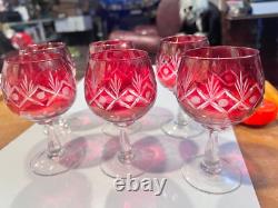 Vintage bohemian cut clear ruby red wine hock glasses 6pcs
