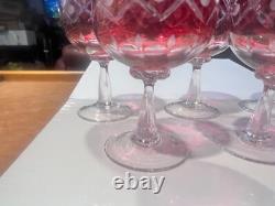 Vintage bohemian cut clear ruby red wine hock glasses 6pcs