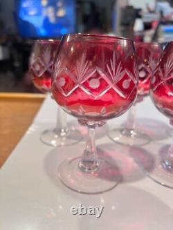 Vintage bohemian cut clear ruby red wine hock glasses 6pcs