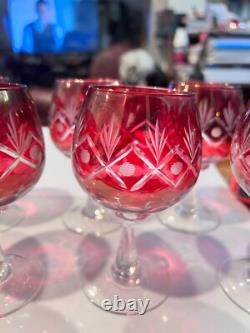 Vintage bohemian cut clear ruby red wine hock glasses 6pcs