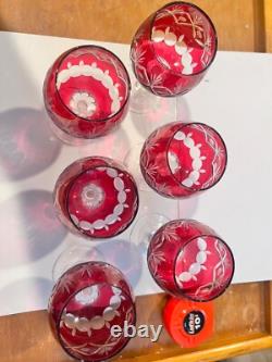 Vintage bohemian cut clear ruby red wine hock glasses 6pcs