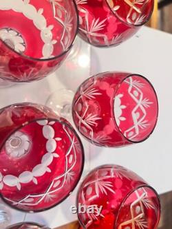 Vintage bohemian cut clear ruby red wine hock glasses 6pcs