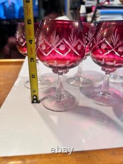 Vintage bohemian cut clear ruby red wine hock glasses 6pcs