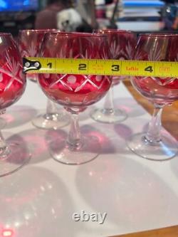 Vintage bohemian cut clear ruby red wine hock glasses 6pcs