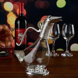 Vintage design duck wine decanter silver finish glass, modern decor or gift