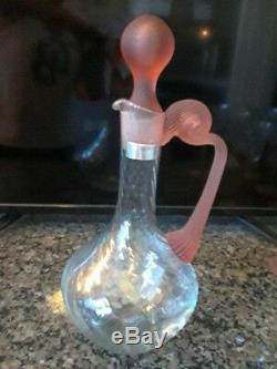 Vintage wine decanter & glasses set pink frosted glass crystal made in Romania