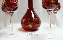 Vntg Bohemian MOSER Red Crystal Decanter Gold & 4 Wine Goblets Circa 1930's