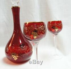Vntg Bohemian MOSER Red Crystal Decanter Gold & 4 Wine Goblets Circa 1930's