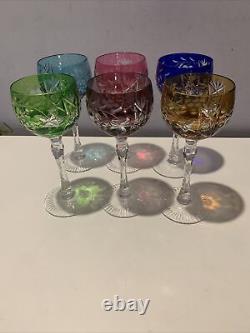 Vtg. 6 Bohemian Czech Cut To Clear Multi Color Crystal Wine Glasses Grape Vine