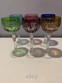 Vtg. 6 Bohemian Czech Cut To Clear Multi Color Crystal Wine Glasses Grape Vine