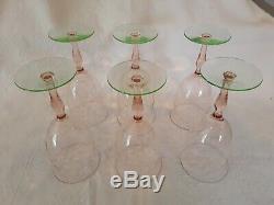 Vtg 6 pink and green watermelon Diamond optic Tiffin wine water glasses gobelets