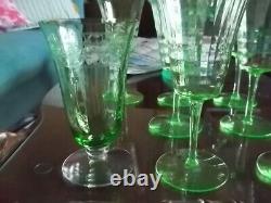 Vtg 7 Rare Cambridge 3077 GREEN VASELINE Verticle Optic WINE GLASSES 8 oz. 7.25