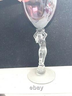 Vtg Amethyst Cambridge Glass Nude Lady Stem Statuesque Cordial Wine Goblet Set 4