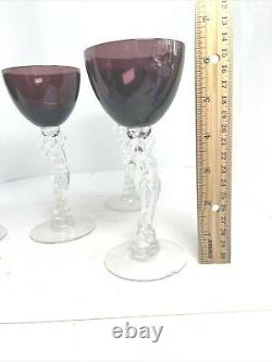 Vtg Amethyst Cambridge Glass Nude Lady Stem Statuesque Cordial Wine Goblet Set 4