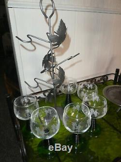 Vtg Austria Etched Glass Wine Aerator Dispenser Wrought Iron/ Metal Stand, 6 Etc