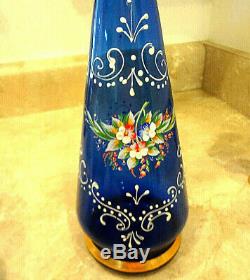 Vtg Blue Bohemian Czech Wine Decanter & 6 Cordial/Liqueur Glasses Hand Painted