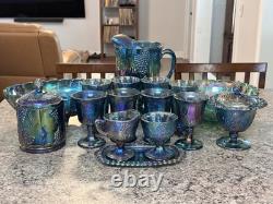 Vtg Blue Carnival Glass Set Craft Wine Goblets Indiana Harvest Grapes Depression