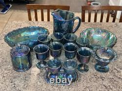 Vtg Blue Carnival Glass Set Craft Wine Goblets Indiana Harvest Grapes Depression