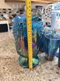 Vtg Blue Carnival Glass Set Craft Wine Goblets Indiana Harvest Grapes Depression