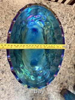 Vtg Blue Carnival Glass Set Craft Wine Goblets Indiana Harvest Grapes Depression