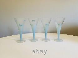 Vtg Blue Frosted Ombre Wine Glasses, Set of 4, Hand Painted Butterflies
