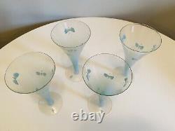 Vtg Blue Frosted Ombre Wine Glasses, Set of 4, Hand Painted Butterflies