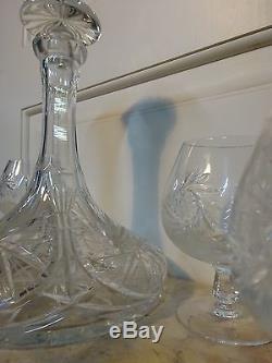 Vtg Bohemian Crystal Ships Decanter Brandy Cognac Snifters Glasses Wine Whiskey