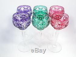 Vtg Bohemian Cut to Clear Crystal 6 Tall Wine Hocks, Purple Green Red/Pink, 8