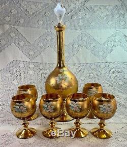 Vtg Bohemian Czech Decanter Wine Glasses 24k Gold Hand Painted Enamel 5 Set 6