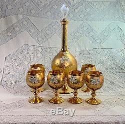 Vtg Bohemian Czech Decanter Wine Glasses 24k Gold Hand Painted Enamel 5 Set 6